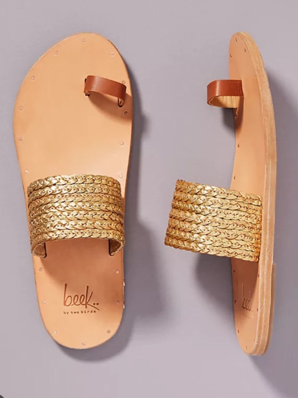 Beek Leather Slide: Dove Braid Toe Ring Sandals, Gold/Natural, 8 w/dust bag